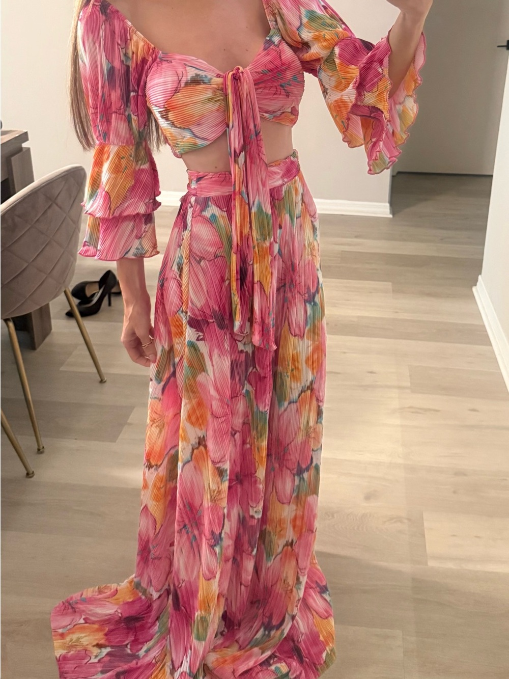 Floral Pink Tie-Front Maxi Set